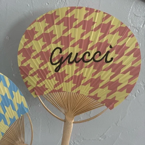 Gucci Houndstooth Patterned Bamboo Paper Fans Blue Yellow Peach Pink Summer Hues